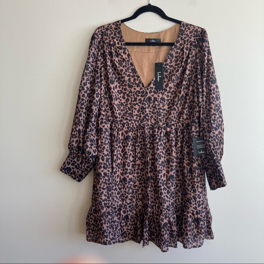 New Lulu's Brown Leopard Print V-Neck Tiered Dress